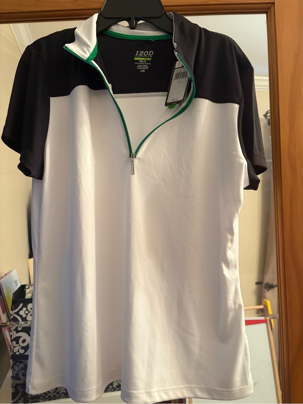 Izod White Short-Sleeve Polo with Black Yoke and Green Trim